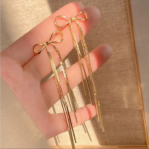 “Sweet Intentions” Gold Bow Dainty Delicate Tassel Sterling Silver Stud Earrings - Picture 3 of 7